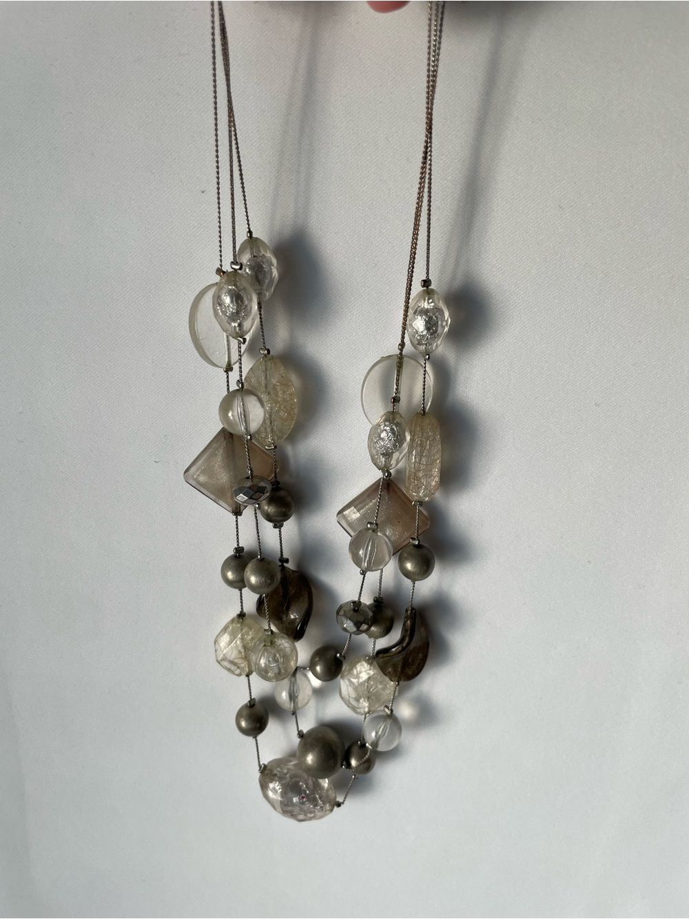 NY multi-strand layers necklace clear smoky gray silver with Geometric Beads